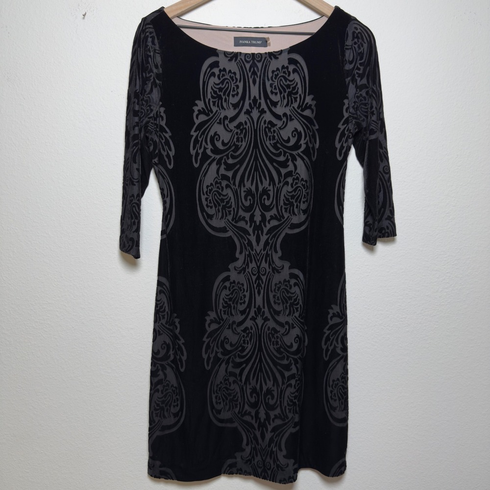 Women Damask Velvet Paisley Sheath Dress 10 Black 3/4 Sleeve Holiday Event